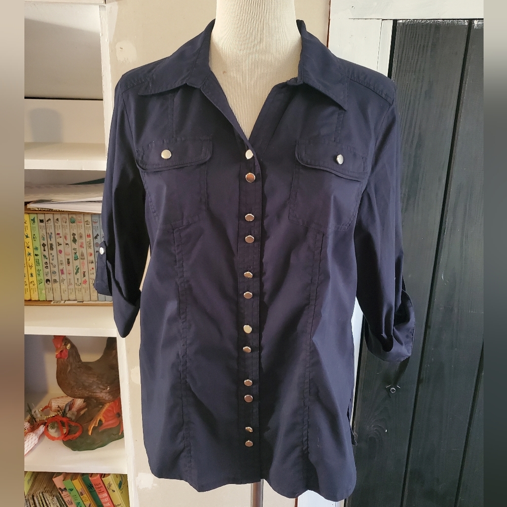 Christopher & Banks 3/4 sleeve top NWT Small Navy Blue and Silver Buttons